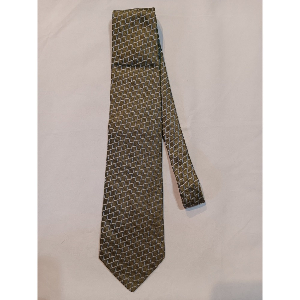 Cremieux Mens Silk Tie Olive Green Blue Geometric‎ Diamond Handmade USA WPL 2831